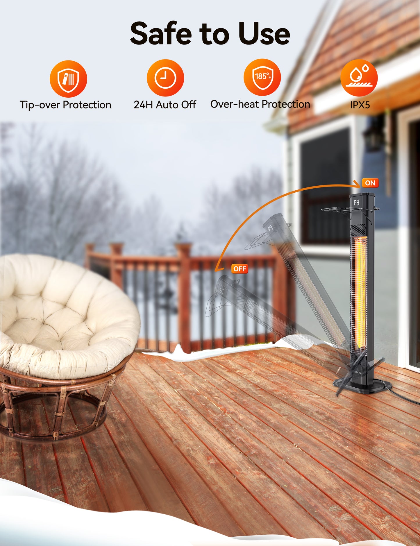 VAGKRI Outdoor Heaters, 1s Heating Carbon Infrared Patio Heaters With Remote, 9 Heat Levels, 24H Timer, IPX5 Waterproof, 42in Electric Space Heaters for Home, Office, Restaurant, Patio, and Garage