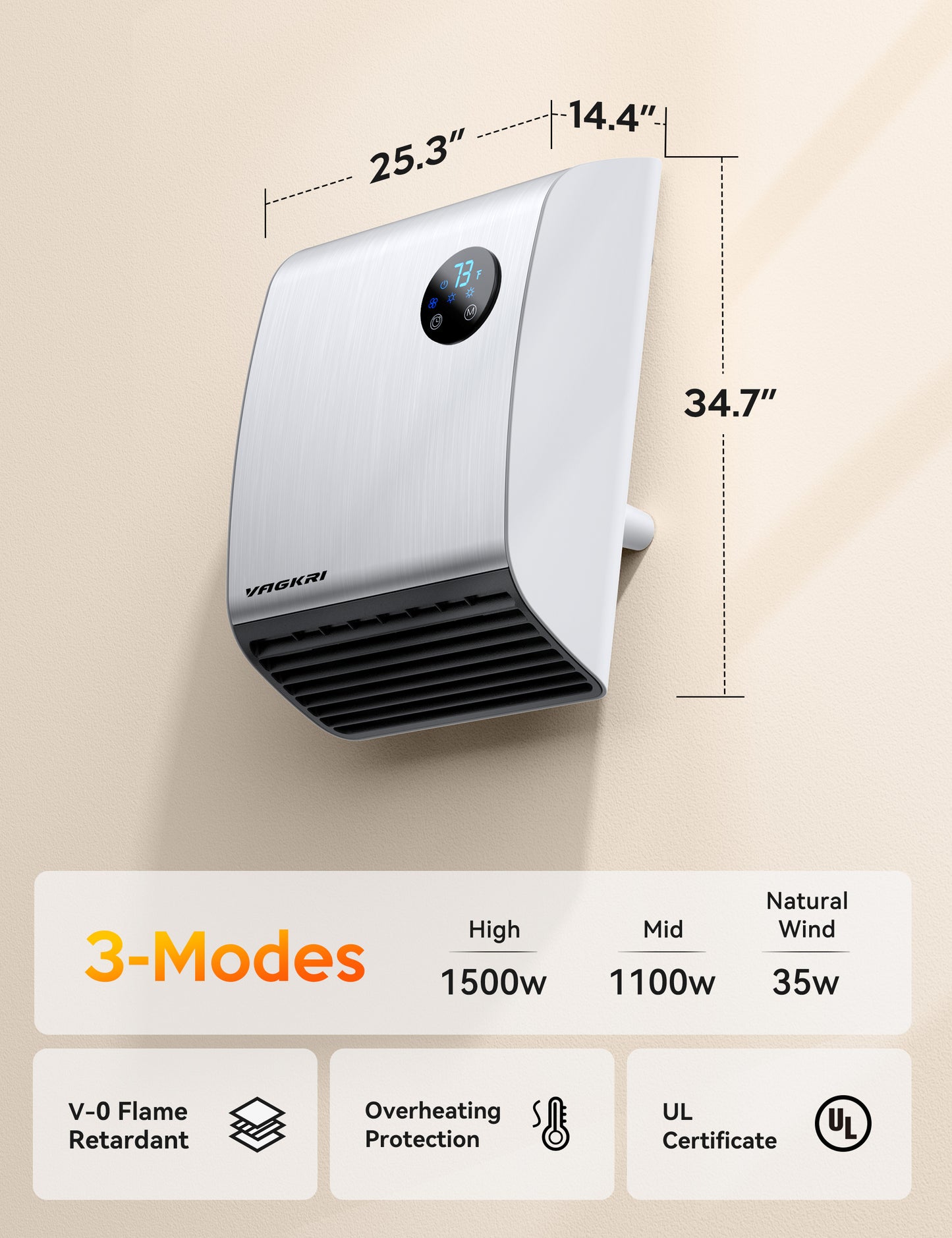 VAGKRI Electric Wall Heaters, 2S 1500W Fast Heating Space Heaters for Indoor Use, Energy Efficient Indoor Space Heater Panel Wall Heaters with 3 Fan Speeds, Thermostat, Remote, 12H Timer, UL 1278 Test